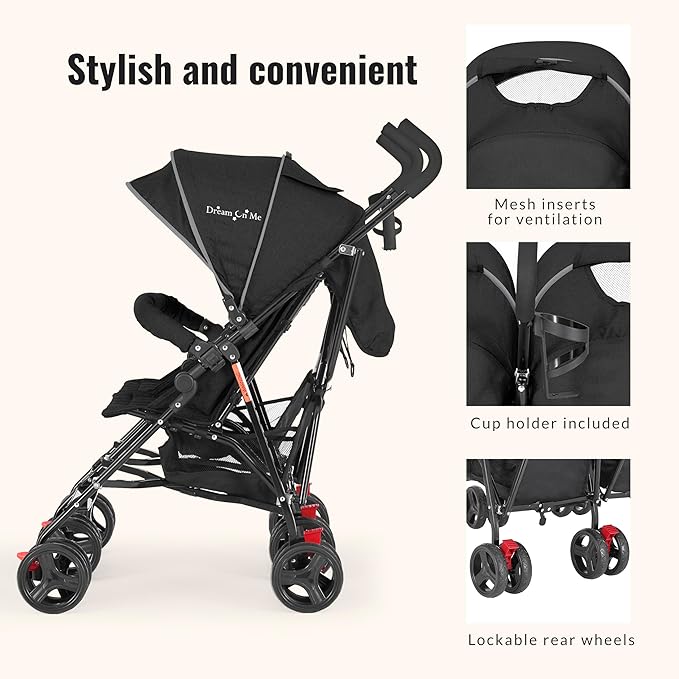 Dream On Me Volgo Twin Umbrella Stroller in Black, Lightweight Double Stroller for Infant & Toddler, Compact Easy Fold, Large Storage Basket, Large and Adjustable Canopy