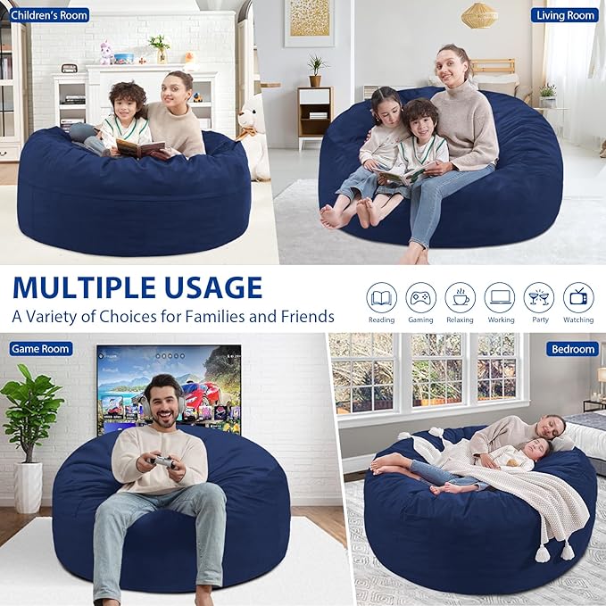 3FT Bean Bag Chair, Comfy Bean Bag Chairs with Memory Foam Filled, Fluffy Beanbag Sofa with Dutch Velvet Cover, Round BeanBag Chairs for Living Room, Playroom - Blue