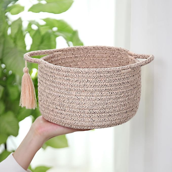 Empty Gift Basket – SweetMemo Mini Woven Rope Organizer Baskets for Gifting, Baby Shower, Desk, Makeup Brushes, Bathroom, Shelves – Small Decorative Storage Bin with Gift Bag & Ribbon – Warm Brown