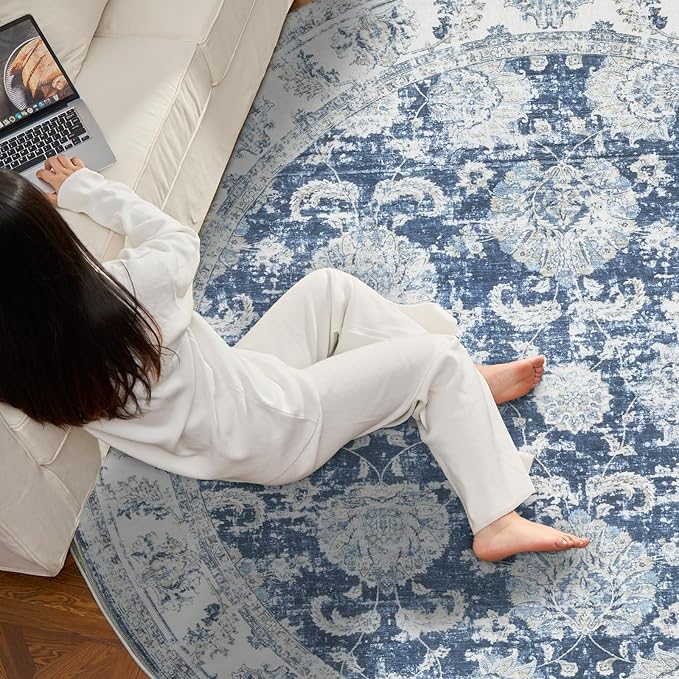 jinchan Round Rug 4ft Area Rug - Indoor Vintage Hallway Circle 4' Washable - Ultra-Thin Low Pile Soft Small Non Slip Distressed Floral Print for Living Room Dining Room Bedroom Entryway Dark Blue