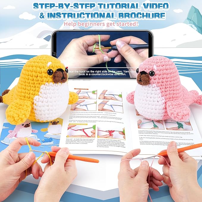 Crochet Kit for Beginners - Seal Crochet Kits with Step-by-Step Video Tutorials, Beginner Crochet Kit for Adults Kids, Crochet Animal Kit, 2 PCS Seals with a Fish Crocheting Set