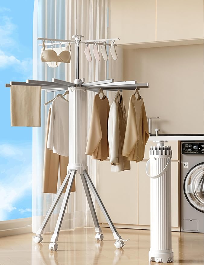 4-Legged Foldable and Portable Clothes Drying Rack,Collapsible Octopus Drying Rack with Wheels and Aluminum Rods,360°Rotatable Design for Indoor Outdoor Use-White
