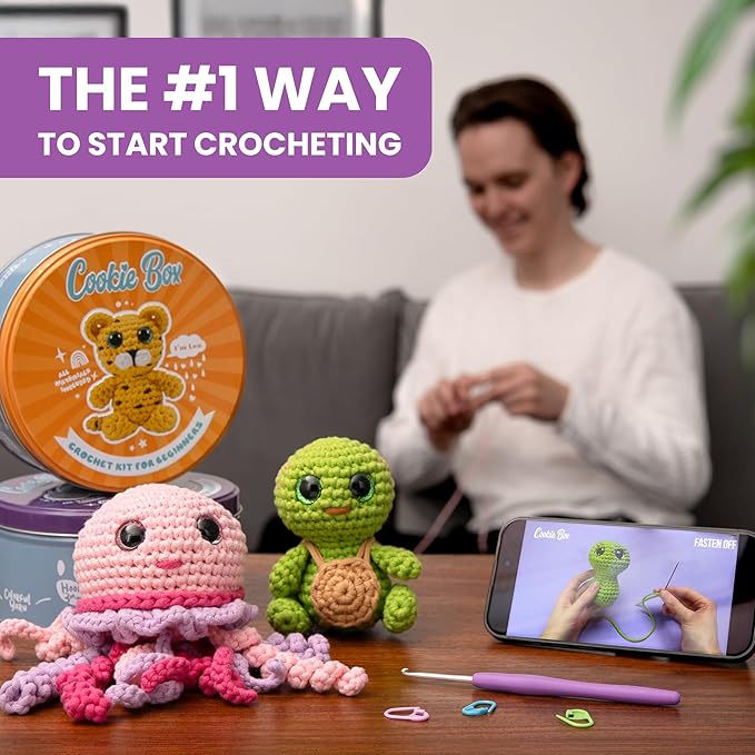 Cookie Box Crochet Kit for Beginners - Learn to Craft Amigurumi Stuffed Animals - Knitting Gift for Kids and Adults - Beginner-Friendly Yarn - Stitch-by-Stitch Video Tutorial - Koala Coal