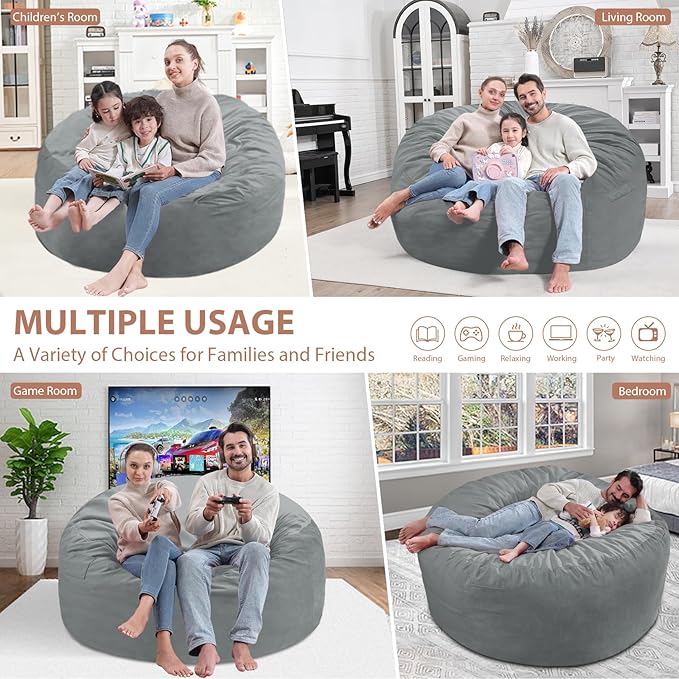 5FT Bean Bag Chair, Large Bean Bag Chairs with Memory Foam Filled, Fluffy Beanbag Sofa with Dutch Velvet Cover, Round BeanBag Chairs for Living Room, Playroom - Light Grey