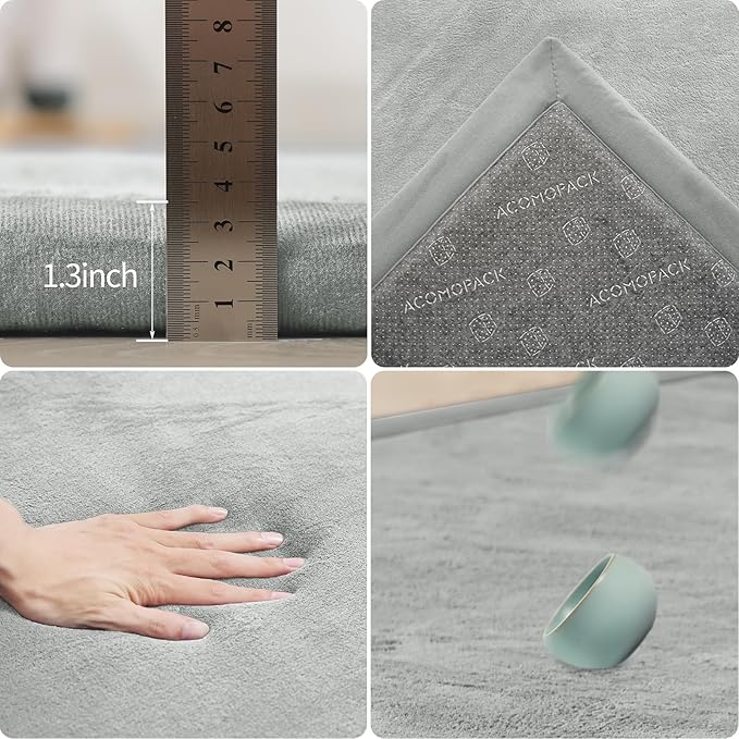 ACOMOPACK Baby Play Mat for Floor 1.3" Thick Memory Foam Play Mat 79"×118" Tummy Time Crawling with Non-Slip Bottom for Living Room,Nursery,Soft Velvet Playpen Mats for Kids,Infants（Light Grey）