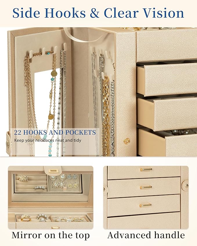 AKOZLIN Jewelry Box 360° Rotating 6-Tier Functional Jewelry Storage Case Organizer for Women Girls Ring Necklace Earring Bracelet Holder with Mirror