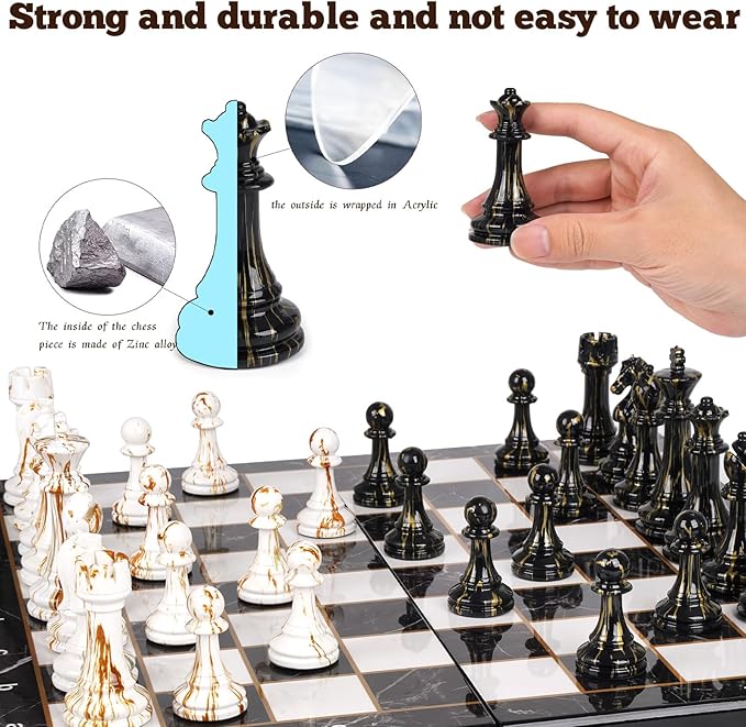 15" Large Chess Set for Adults with Weighted Acrylic Chess Pieces 3.5" King & Portable Folding Marbling Wooden Chess Board Travel Chess Sets Family Board Game Gift – Elegant Classic Chess Game