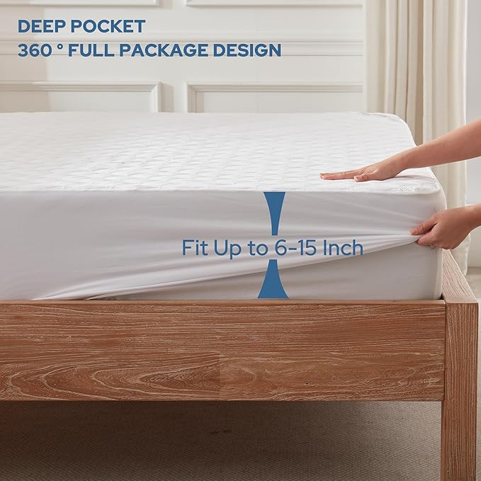 2 Pack Waterproof Mattress Protector, Twin Size Mattress Pad with Deep Pocket Fitted Up to 6-15 inches, Soft Noiseless Single Bed Mattress Cover for Bedroom, Dorm Room