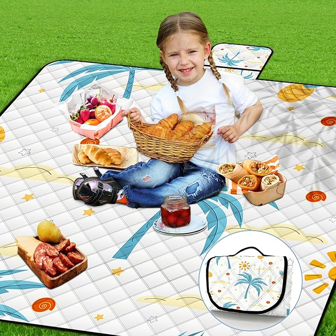 Extra Large Picnic Blanket Waterproof,80"x 80"Foldable Machine Washable Beach Blanket,Outdoor Blanket for 6-8 Adults,Suitable for Indoor Crawling,Park Beach,Camping,Hiking,Family Travel(Island)