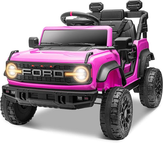 ENYOPRO 12V Ford Bronco Raptor Ride On Car for Kids, Electric Power Car Ride-On Toy for Toddlers w/Remote Control, 4 Wheels Spring Suspension, Bluetooth Music, Radio, LED Lights, 2 Speed (Pink)