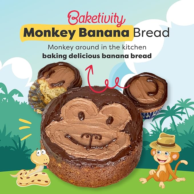 BAKETIVITY Monkey Banana Bread Kids Baking Kit | Banana Cake Kids Baking Set for Girls & Boys | Baking Set for Kids with Pre-Measured Ingredients | Perfect Family Gifts for Cooking Lovers Ages 6-12