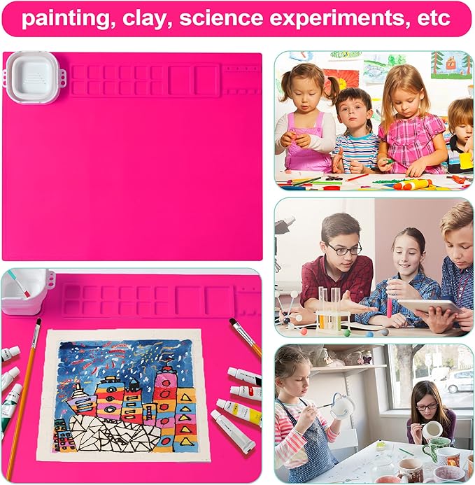 AWOKE Silicone Painting Mat - 20"X16" Silicone Art Mat with 1 Water Cup for Kids - Craft Mat has12 Color Dividers - 2 Paint Dividers (Rose)