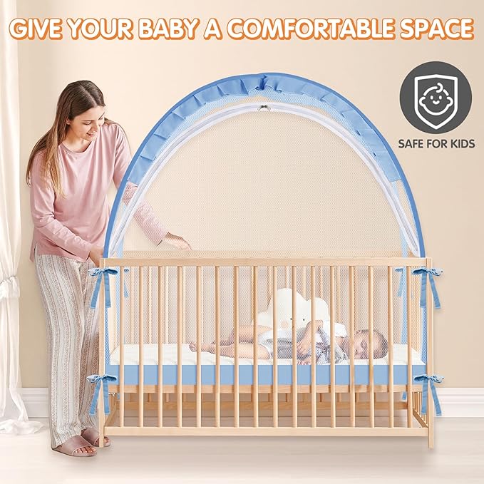 Crib Tent to Keep Baby from Climbing Out - Crib Net to Keep Baby in - Pop Up Breathable Cribs Cover - Canopy with Upgrade Strong Mesh and Durable Zipper (Blue, Lager)