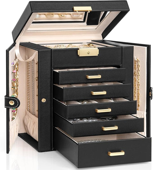 AKOZLIN Large 6-Tier Jewelry Box Lockable Leather Jewelry Storage Case with 5 Drawers for Women Girls Ring Necklace Earring Bracelet Holder Organizer with Mirror