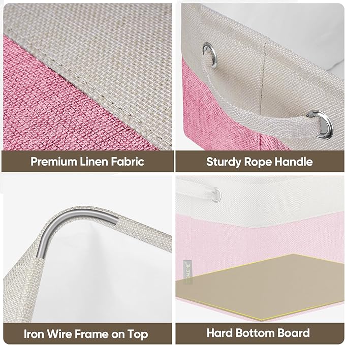 BALEINE 2 Pack Fabric Storage Bins for Shelves, Linen Storage Baskets for Organizing, Decorative Closet Bins for Clothes, Home (Pink, 15''x11''x9.5'')