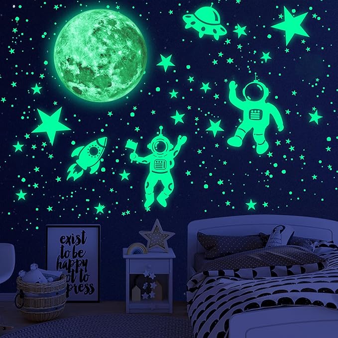 1017Pcs Glow in The Dark Stars for Ceiling Glow in The Dark Moon and Space Wall Decals Luminous Astronaut Universe Planet Galaxy Wall Stickers for Kids Boys Girls Bedroom Green