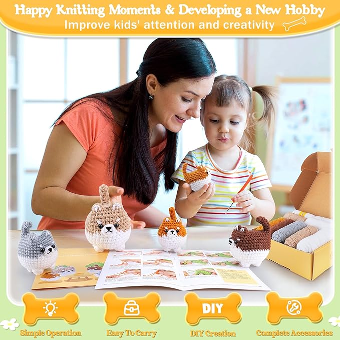 Crochet Kit for Beginners- 4 PCS Fat Shiba Inu Crochet Kits for Adults, 4PCS Corgi Dog Crochet Animal Kit with Step-by-Step Video Tutorials, Yarn, Crochet Hook, Instructions DIY Knitting Kit