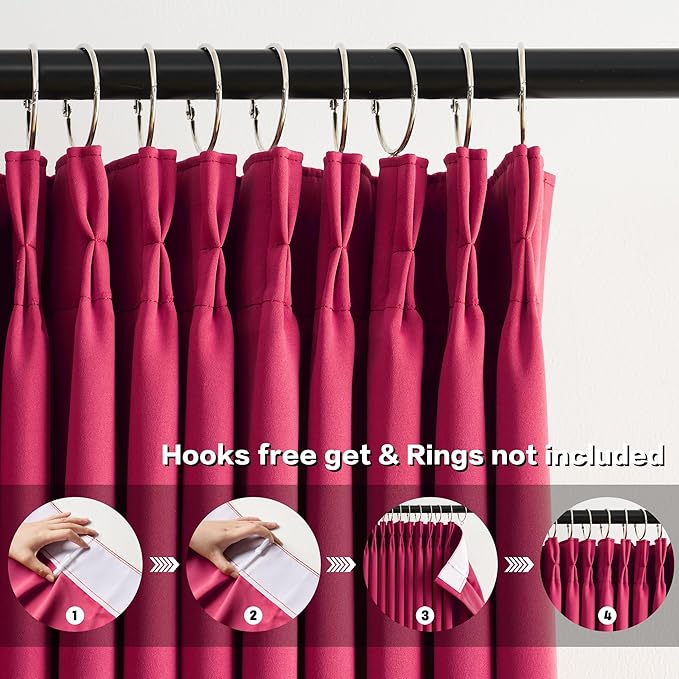 KEQIAOSUOCAI Raspberry Fushia Pink Curtains 102 Inches Long Pinch Pleated with Hooks,Room Darkening Sound Reducing Drapes Light Blinds for Bedroom Living Room(Magenta Hot Pink, 2 Panels, W40 x L102)