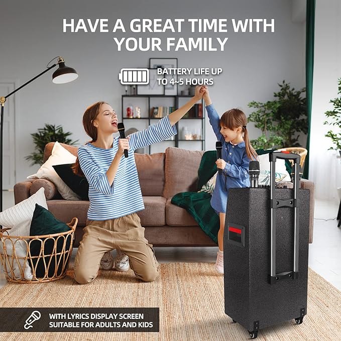 Karaoke Machine with Lyrics Display Screen for Adults, 15 Inches Tablet, Bluetooth Speaker w/ 2 Rechargeable UHF Mics, 1000W Peak Power, DJ Lights, Portable Karaoke System for Any Occasion