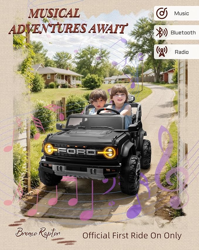 24V Ride on Toys for Big Kids, Licensed Ford Bronco Raptor Electric Car 2 Seater with Remote Control, Kids Ride on Cars w/ 2-Seater, 4.3 Mph Max Speed, Soft Start Function (24V, Black)