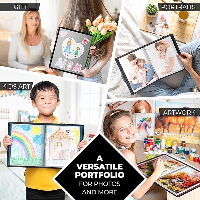 Dunwell Photo Album 8x10 (Black) with Mounting Paper, 8 x 10 Photo & Art Portfolio Presentation Binder, 24 Clear Sleeves Display 48 Pages, Professional Photography Book for Portraits, Artwork