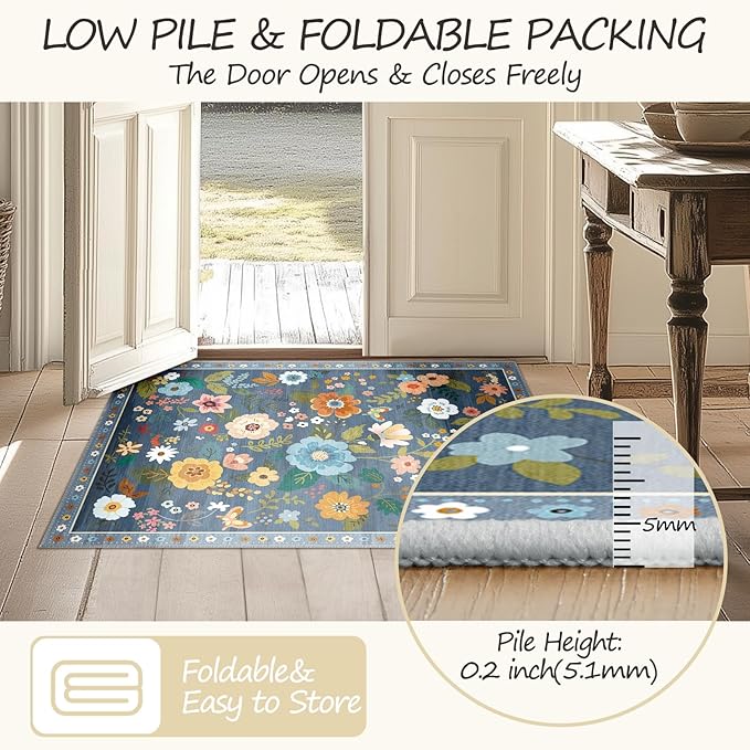 Floral 2x3 Area Rug Machine Washable Soft Print Boho Carpet Non Slip Doormat Low Pile Flower Area Rugs for Living Room Bedroom Nursery Kitchen Dining Room Indoor-Blue/Grey