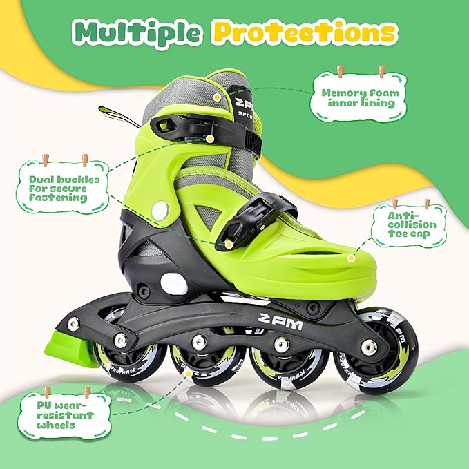 2PM SPORTS Inline Skates with Light Up Wheels, Roller Skates Blades for Boys Girls Kids Ages 5-8 8-12 4-6 6-12, Size Adjustable Beginner Blades Roller Skates