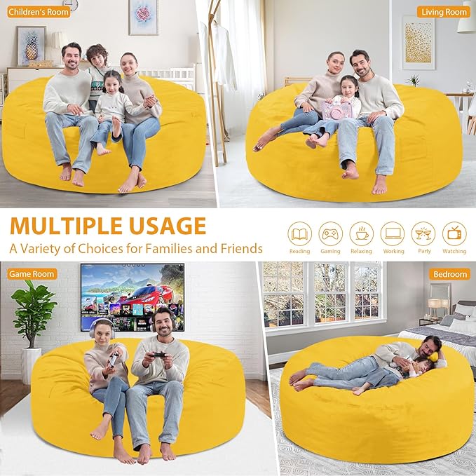 6FT Bean Bag Chair, Large Bean Bag Chairs with Memory Foam Filled, Fluffy Beanbag Sofa with Dutch Velvet Cover, Round BeanBag Chairs for Living Room, Playroom - Lemon