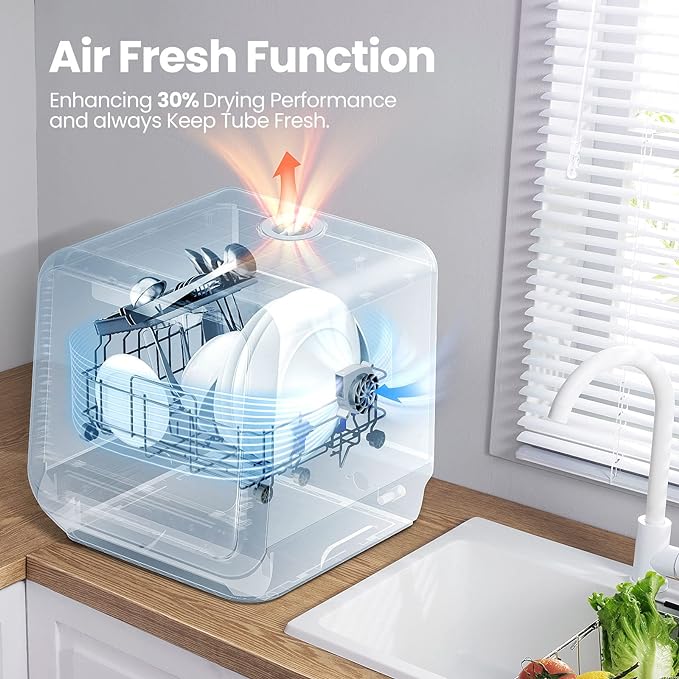 COMFEE' Portable Dishwasher Countertop with 5L Built-in Water Tank, No Hookup Needed, 6 Programs, 360° Dual Spray, 192℉ High-Temp& Air-Dry Function, Mini Dishwasher for RVs, White