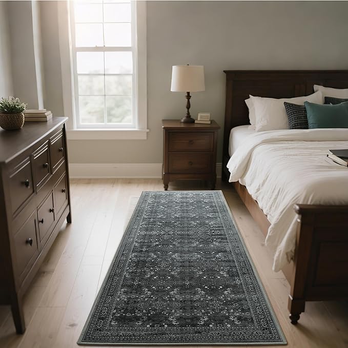 2x6 Washable Kitchen Runner Rug for Hallways, Non Slip Laundry Runners for Bathroom, Low Pile Rubber Backed Rugs for Entryway, Vintage Floral Carpet for Living Room Bedroom Black/Gray