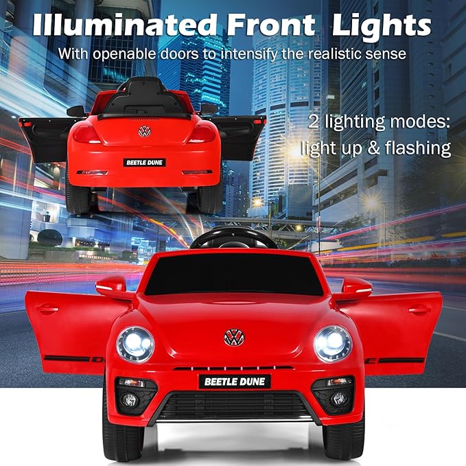 Costzon Ride on Car, 12V Licensed Volkswagen Beetle Battery Powered Vehicle w/Remote Control, Spring Suspension, Lights, USB, Horn, Music, 4 Wheeler for Boy Girl Gift, Electric Car for Kids (Red)