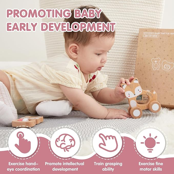 Freniland Wooden Montessori Toys, 5-Piece Wooden Baby Toys, Koala Wooden Baby Rattle, Fox Stacking Ring Baby Toys, Little Fox Wooden Baby Push and Pull Toys,Newborn Baby Gift Sets for Boys and Girls