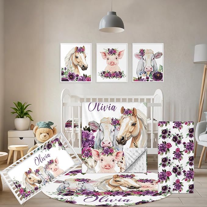 Custom Baby Crib Bedding Set, 5 Pcs Personalized Name Baby Crib Sets for Infant Toddler, Floral Horse Nursery Bedding Set for Baby Girls, Double Layer Baby Bedding Sets, Gifts for New Parents