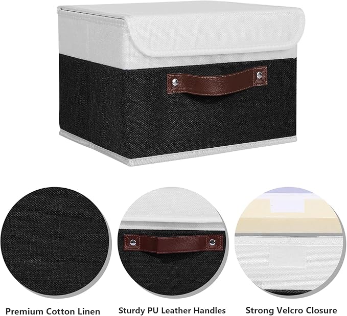 ANMINY 2PCS Storage Boxes with Lid Washable Decorative Storage Bins Basket with PU Leather Handle Foldable Linen Fabric Storage Cubes Containers for Home Closet Organizer - Black White, Small Size