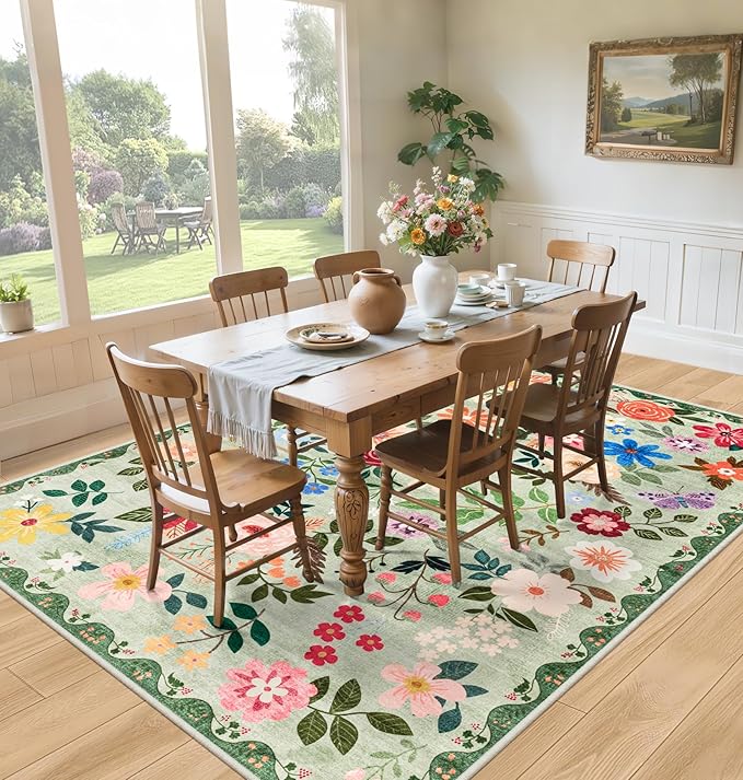 Area Rug Living Room Rugs: Floral 4x6 Washable Rug Vintage Soft Boho Non-Slip Carpet Indoor Floor Stain Resistant Large Carpets for Bedroom Dining Room Farmhouse Nursery Hallway Home Office Green