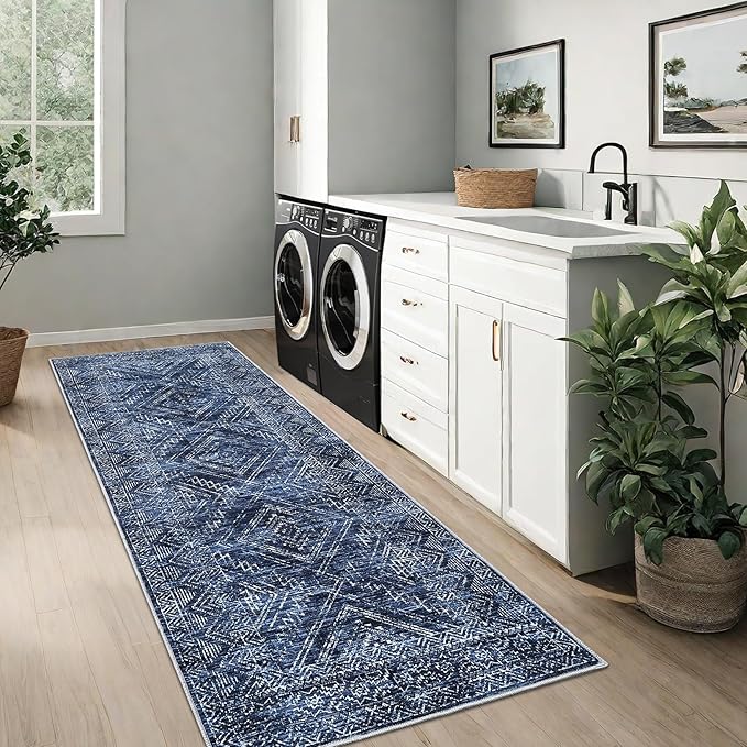 COZYLOOM Washable Runner Rug 2x6 Vintage Non Slip Low Pile Rug Soft Throw Floor Cover Geometric Tribal Foldable Indoor Carpet for Living Room Bedroom Playroom Nursery, Blue