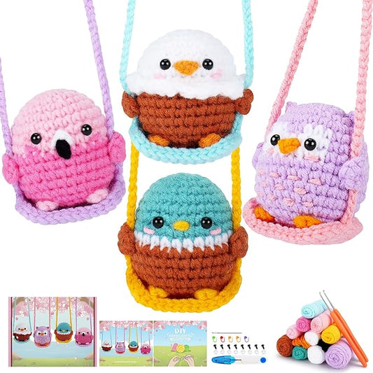 Crochet Kit for Beginners -4 PCS Bird Crochet Kits with Step-by-Step Video Tutorials, Beginner Crochet Kit for Adults and Kids, Crochet Birds On The Swings(Mallard Bald Eagle Flamingo Owl)