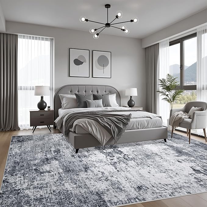 9x12 Area Rug Living Room Rug: Washable Modern Abstract Soft Thin Rug Indoor Floor No Slip Stain Resistant Carpet for Bedroom Dining Room Farmhouse Nursery Home Office - Grey