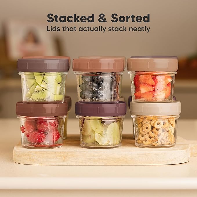 KeaBabies 12pk 4oz Glass Baby Food Containers with Lids - Leak-Proof, Microwavable Small Glass Jars, Baby Purees & Toddler Snack Storage Containers, BPA-Free, Dishwasher & Freezer Safe (Terracotta)