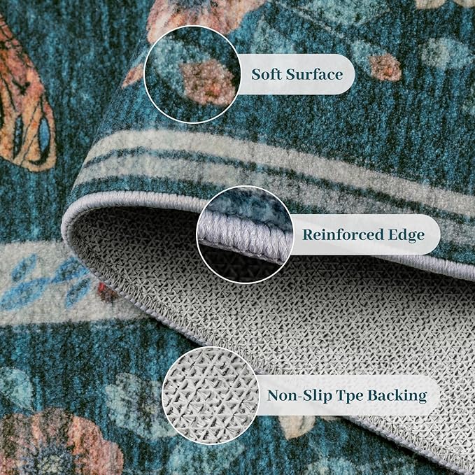 6x9 Rugs for Living Room with Insect Print - Bug Rug Non-Silp Stain Resistant Soft Carpet for Bedroom, Low Pile Ultra-Thin Machine Washable Carpet for Dining Room, Kids Nursery, Office (6'x9' Teal)