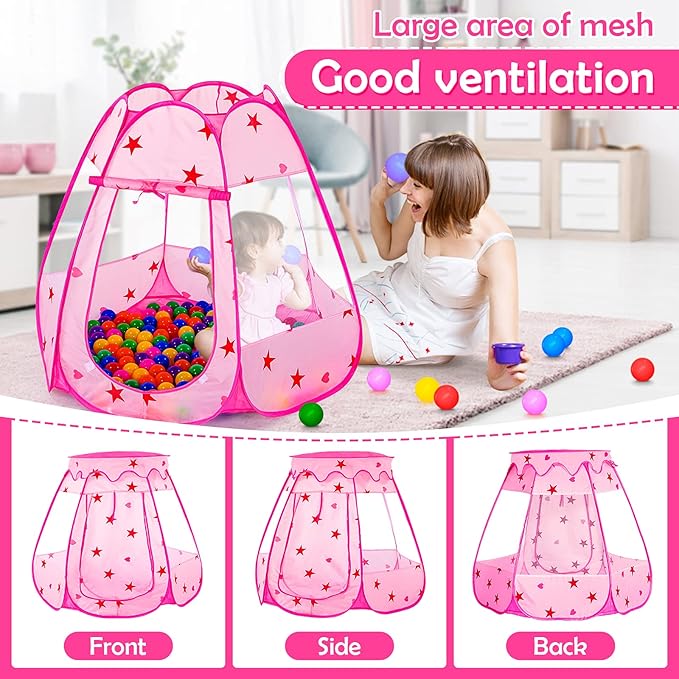 Baby Ball Pit for Toddler with 150 Balls, Kids Pop Up Play Tent for Girls, Princess Toys for Children Indoor & Outdoor Playhouse with Carry Bag (Pink: 7 Bright Colors, 109x90cm/150 Balls)