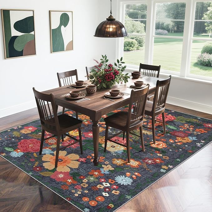 Area Rug Living Room Rugs: 6x9 Washable Rug Vintage Floral Soft Boho Non Slip Carpet Indoor Floor Non Shedding Low Pile Thin Carpets for Bedroom Dining Room Farmhouse Nursery Home Office Black