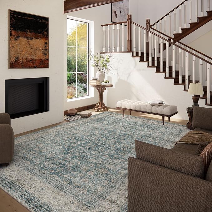 Area Rugs 10x14 Living Room: Washable Rugs for Bedroom Vintage Stain Resistant Non Slip Low Pile Large Boho Carpet for Kitchen Dining Room Farmhouse Kids Room Nursery
