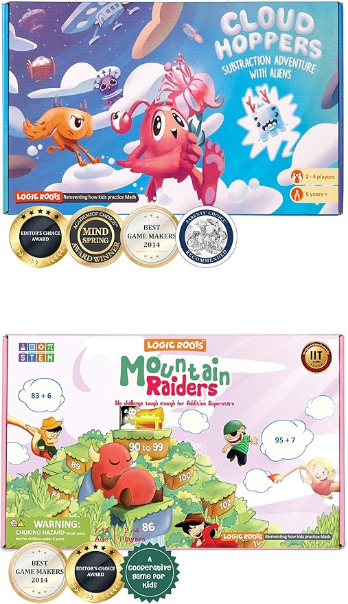 Addition and Subtraction Games - Pack of 2, Cloud Hoppers & Mountain Raiders, Math Board Games and STEM Toys for 7 Year and Up, Gift for Kids (Girls & Boys), Homeschoolers, Grade 1 & Up