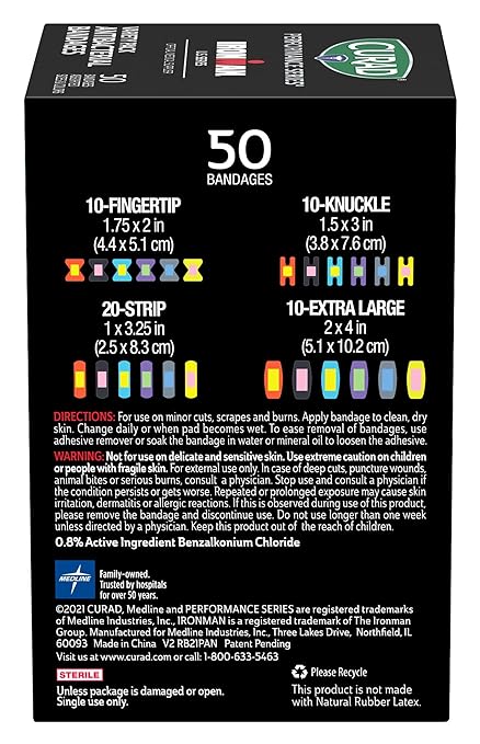 CURAD Performance Series IRONMAN Antibacterial Bandages, Extreme Hold Adhesive Technology, Finger & Knuckle Bandages, Flexible Fabric, Variety Pack with Assorted Sizes & Colors, 50 Count
