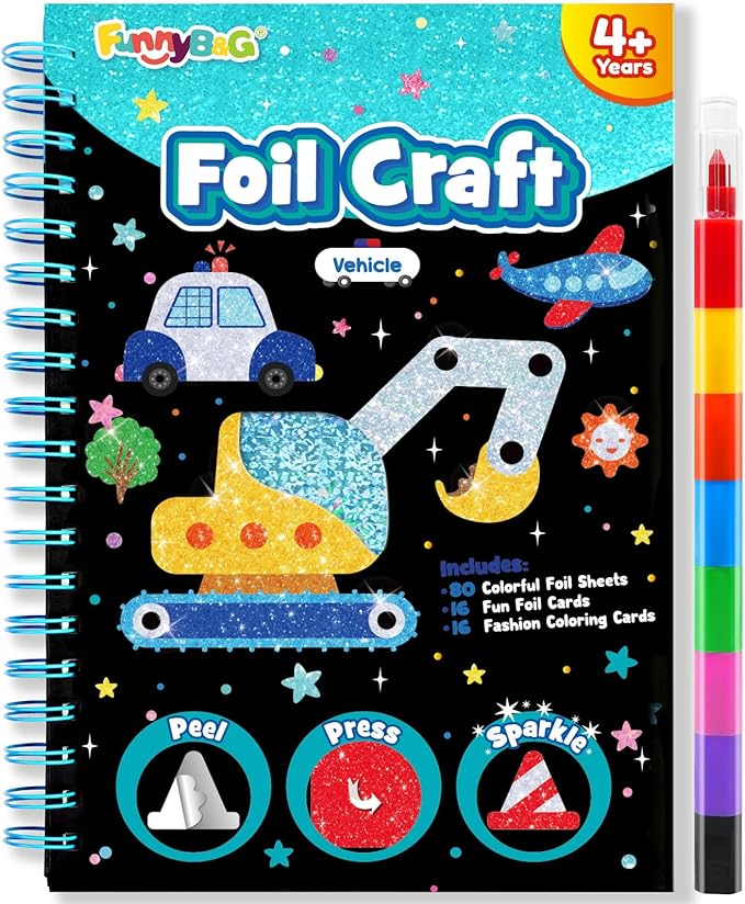 FUNNYB&G Foil Art Craft Activity for Kids - Gift for Boys Crafts for Kids Fun Art Supplies DIY Creative Travel Toy, Birthday Gift Party Favor Toys for Girls Boys 4 5 6 7 8 9 Years Old (Vehicle)