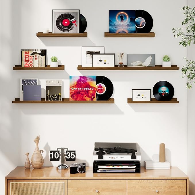 Axeman Picture Ledge Shelf, Floating Shelves for Wall Decor Storage Set of 6, 55 inch Floating Wall Mounted Shelves, Wall Shelves with Lip for Living Room, Bedroom, Nursery, Bathroom, Kitchen, Walnut