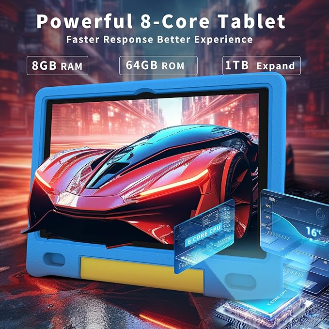 Kids Tablet with Strap, Android 14 Tablet for Kids 10 inch, Toddler Tablets Octa-Core 64GB 1TB Expandable, Children's Tablets with Case, Bluetooth WiFi Parental Control Dual