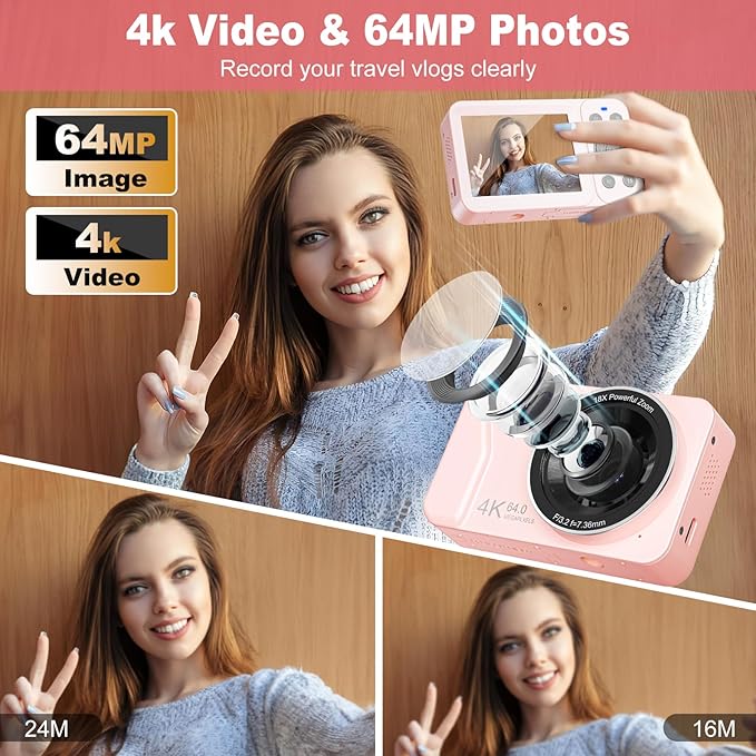 Digital Camera, 4K 64MP, 18X Zoom, Point and Shoot Digital Camera with 64GB TF Card & 2 Batteries, Portable Rechargeable Small Camera for Kids Teens Adult, Pink
