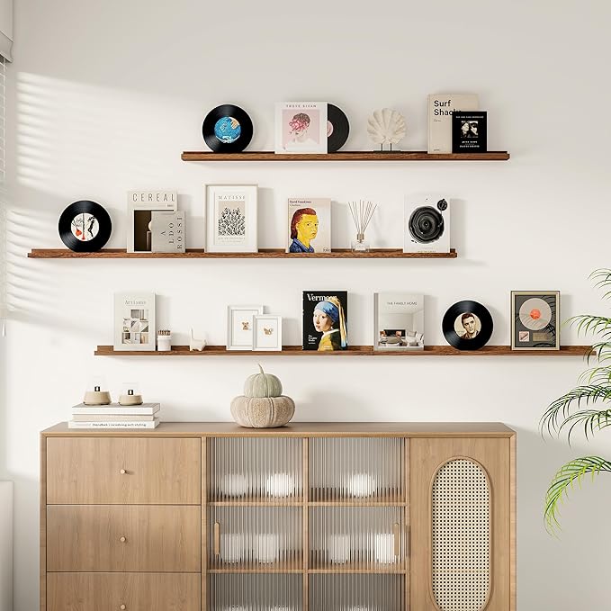 Floating Picture Ledge Shelves for Wall Set of 2, 72 Inches Picture Ledge Shelf with Long Large Nursery Book Shelf for Toys Storage Kids Bookshelf Wall Mounted Living Room Bedroom Decor Frames, Walnut